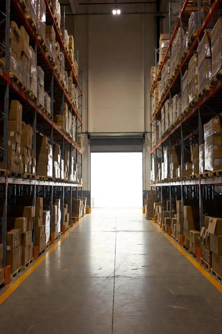 Racked pallets in a distribution warehouse